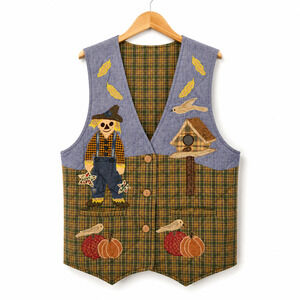 Patch Magic Reversible Vest Womens Size Medium Multicolor Scarecrow Fall Festive